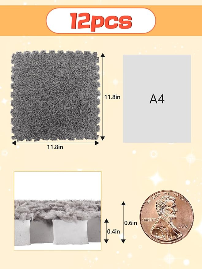 12 pcs Thickened Plush Foam Interlocking Floor Mat, Interlocking Foam Tiles with Edgings for Kids, Soft Anti-Slip Puzzle Area Square Rug Playmat for Children Room Bedroom(11.8", Gray)