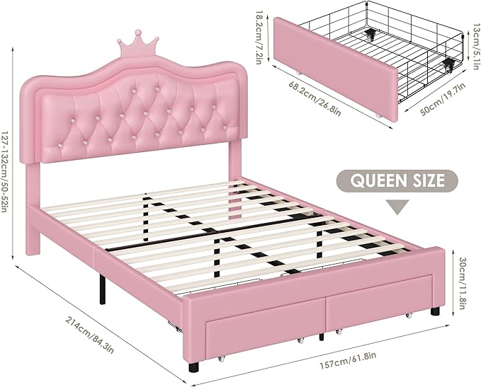 Keyluv Queen Upholstered LED Bed Frame with Storage Drawer, Leather Princess Platform Bed with Adjustable Crystal Button Tufted Crown Headboard, Solid Wooden Slats Support, No Box Spring Needed, Pink