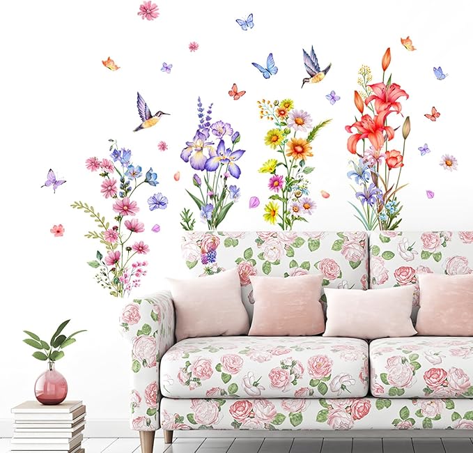 Flower Wall Decals Lily Flower Butterfly Bird Floral Wall Stickers Colorful Cute Cartoon Wall Decor for Living Room Kids Room Playroom Home Wall Decor