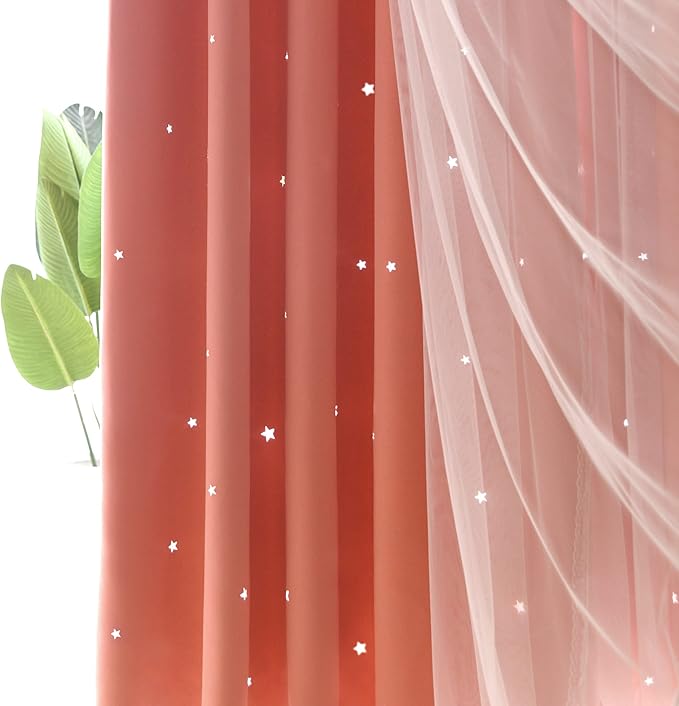 Kinryb Princess Curtains for Girls Bedroom with Sheer Overlay,Double Layer Curtain for Living Room with Star Cutout, Curtains for Kids Room (70 W*84 L Inches,2 Pcs Coral)