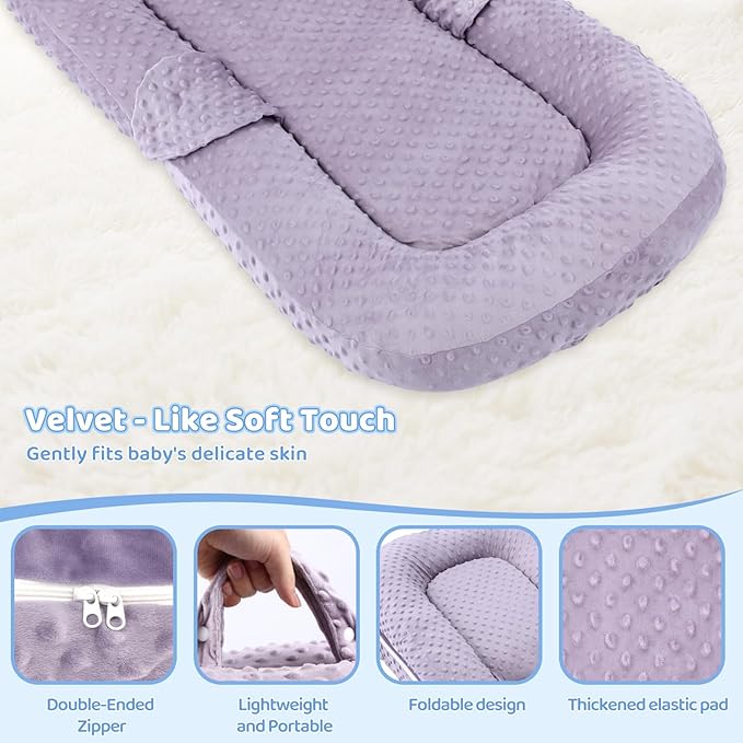 Baby Lounger Pillow- Portable Baby Lounger for Newborn, 0-24 Months,3-in-1 Baby Nest for Home and Travel, Foldable & Soft, CPC Certification Newborn Babies Essentials Gifts, Purple