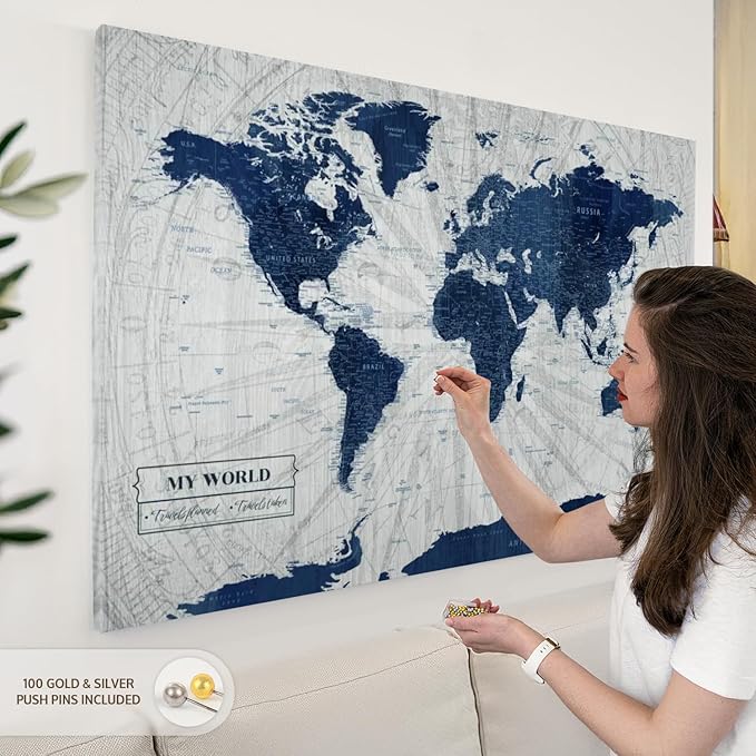 ElephantStock - My World Push Pin Map V Wall Art - Horizontal Canvas Wall Art - Living Room Wall Decor - Unique Map Canvas Art - Gray And Blue Decor - 51" x 34"