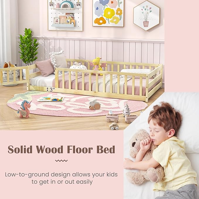 Giantex Twin Floor Bed with Fence for Kids, Wooden Montessori Bed Frame with Lockable Door & Guardrails, Low Floor Beds for Kids, Boys, Girls, No Box Spring Needed, Without Wood Slats, Natural