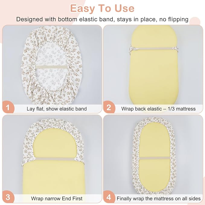 Basumee Muslin Bassinet Sheets for Baby Girl Boy 2 Pack Soft Breathable Baby Bedside Bassinet Fitted Sheets with Bottom Elastic Band 33''x17''x4'' Mattress Cover for Rectangle Oval Hourglass Bassinets