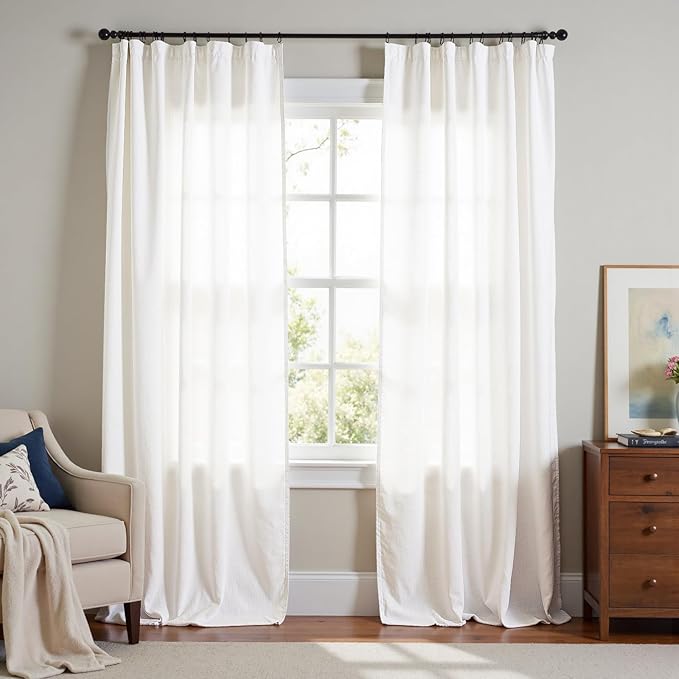 jinchan Linen Blend Curtains 90 inch Length 2 Panels for Bedroom Living Room, Light Filtering 60 inch Wide Farmhouse Drapes with Rod Pocket Back Tab(60W x 90L, Off White)