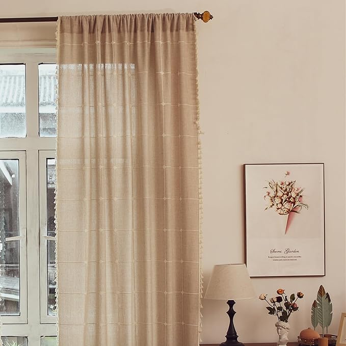Deeprove Boho Curtains 96 Inches Length for Living Room, Bohemian Lattice Gingham Chic Textured Embroidery Plaids, Vintage Tassels Country Decor Drapery, Rod Pocket, 1 Panel W52 x L96, Natural Linen