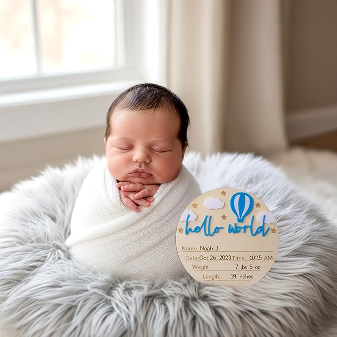 Baby Announcement Sign 5.9 Inch Wooden Hello World Newborn Signs Baby Name Plaques Birth Announcement Signs Pen Hot Air Balloon White Cloud Newborn Welcome Sign BabyShower Hospital Nursery