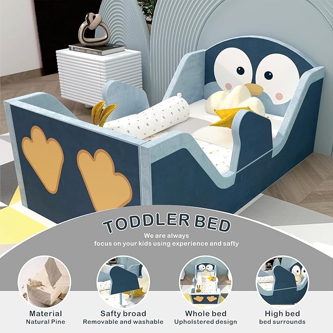 Toddler Beds, Child Bed for Kids with Extra Safty Broad, Standard Crib Size Animal Toddler Bed, Certified Fabric Toddler Beds,Toddler Floor Beds (Penuins)