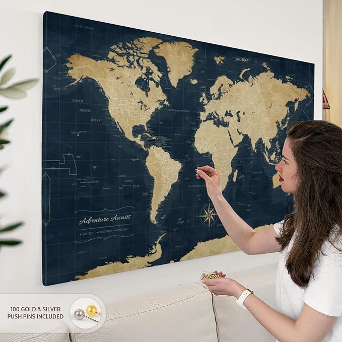 ElephantStock - Adventure Awaits World Map With Push Pins Wall Art - Horizontal Canvas Wall Art - Living Room Wall Decor - Digital Art Map Canvas Art - Gold And Blue Decor - 51" x 34"