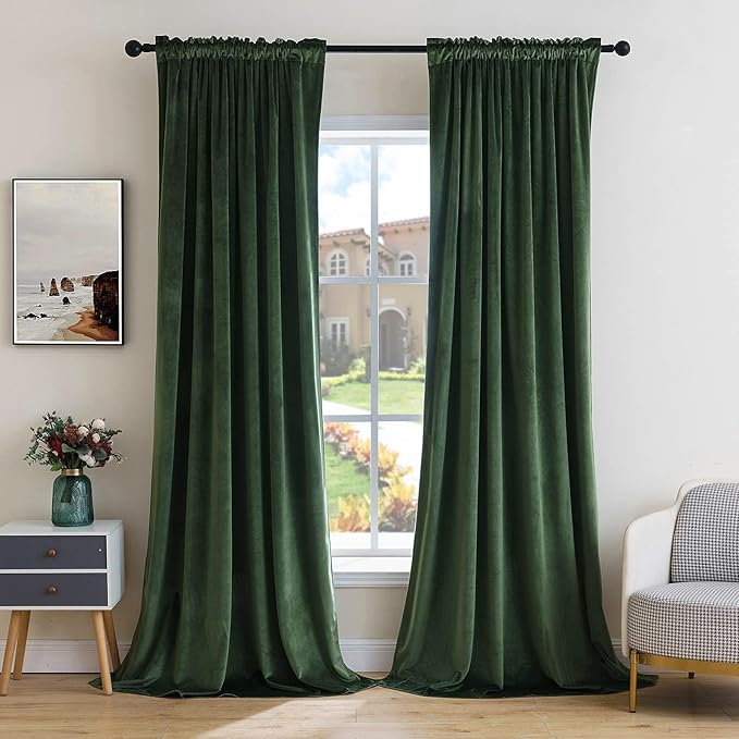 MIULEE Olive Green Velvet Curtains Thermal Insulated Blackout Curtain Drapes for Bedroom Living Room Darkening 80 Inches Long Curtains Panels Rod Pocket Set of 2