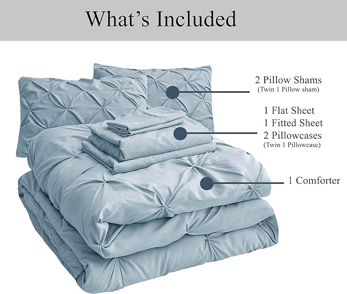 LANE LINEN Twin Comforter Set, 5 Piece Twin Bedding Sets, Pintuck Twin Size Bed Set, Pinch Pleated Twin Bed in a Bag Set, Twin Bed Comforter Set with Sheets, Pillowcase & Sham - French Blue