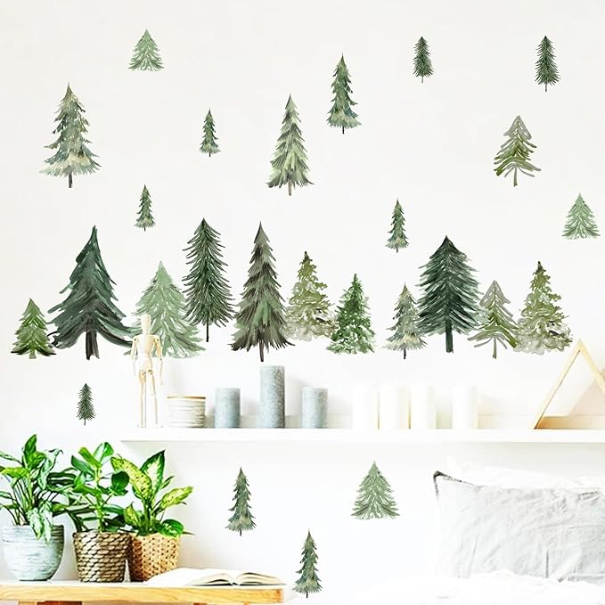 Watercolor Tree Wall Stickers Small Pine Tree Wall Decal Green Trees Wall Window Stickers Removable Forest Trees Decals Peel and Stick Small Tree Wall Decals for Bedroom Living Room