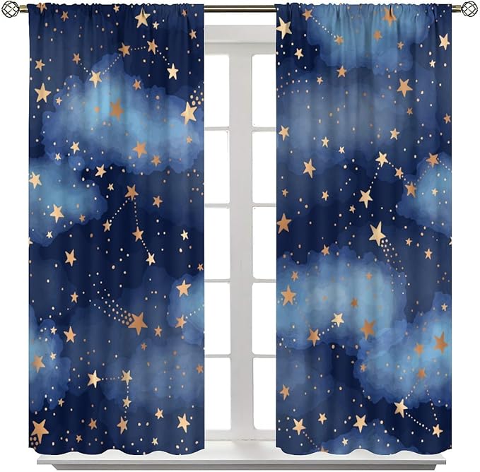 Starry Sky Blackout Curtains, Starry Scenery Blue Night Sky Stars Window Drapes for Kids Boys Girls Bedroom Living Room 72" W X 63" L