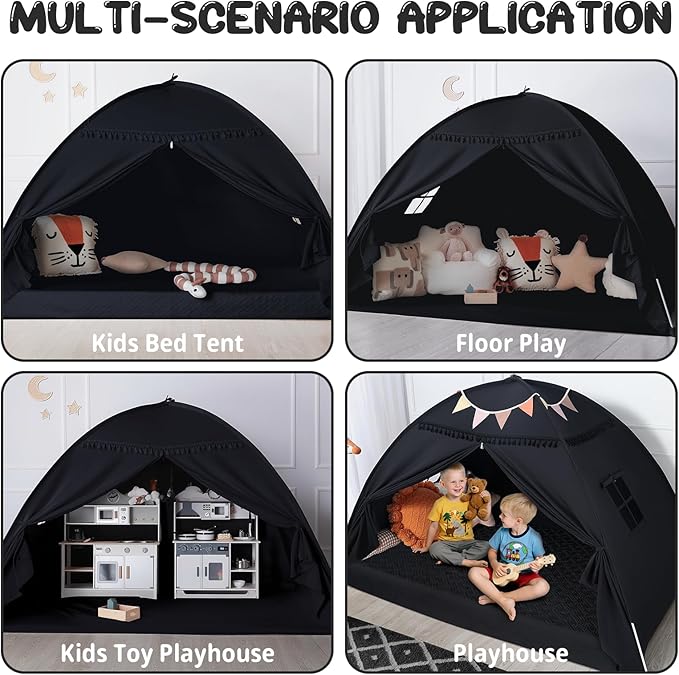 Full Size Bed Tent Canopy: Lights & Flags Indoor Floor Bed Kids Tent Playhouse - Space Blackout Sleeping Tents Indoor Breathable Portable Cottage Drafty Room Floor (Large Black)
