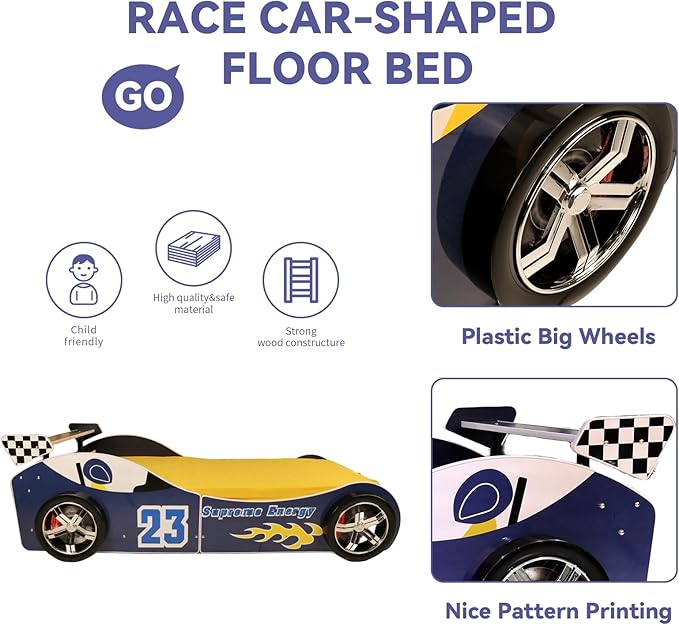Race Car Twin Bed Frames for Kids, Wood Car-Shaped Bed Frame with Wheels LED Lights & Slat Support for Toddler, Teens, Boys or Girls (Race Car-Blue)