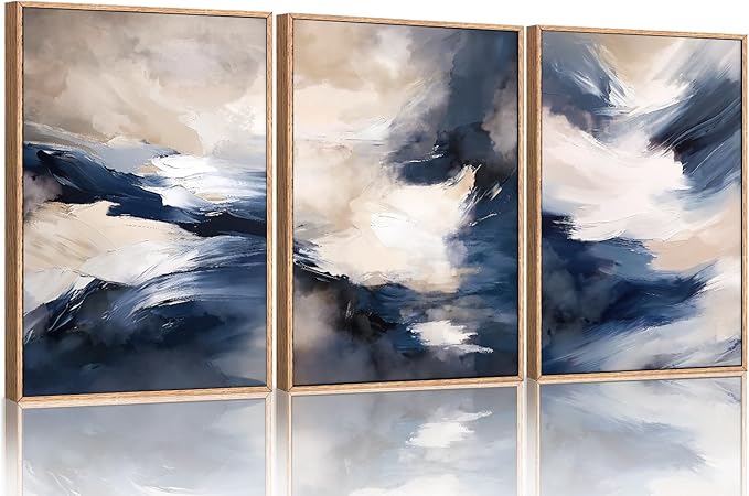 HLNIUC Blue Beige Abstract Wall Art Set of 3(24x36), Navy Brush Stroke Modern Art Decor, Earth Tone Minimalist Shape Framed Painting, Rust Dusty Neutral Prints for Living Room, Bedroom, Office