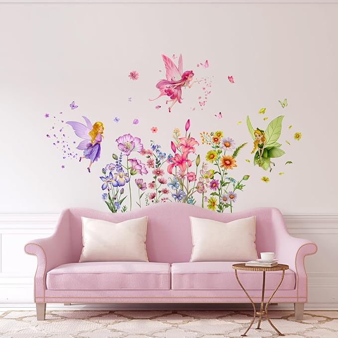 Supzone Flower Fairy Wall Stickers Butterfly Girl Wall Decals Removable Vinyl Wall Art Sticker for Girls Baby Nursery Kids Bedroom Living Room Bathroom