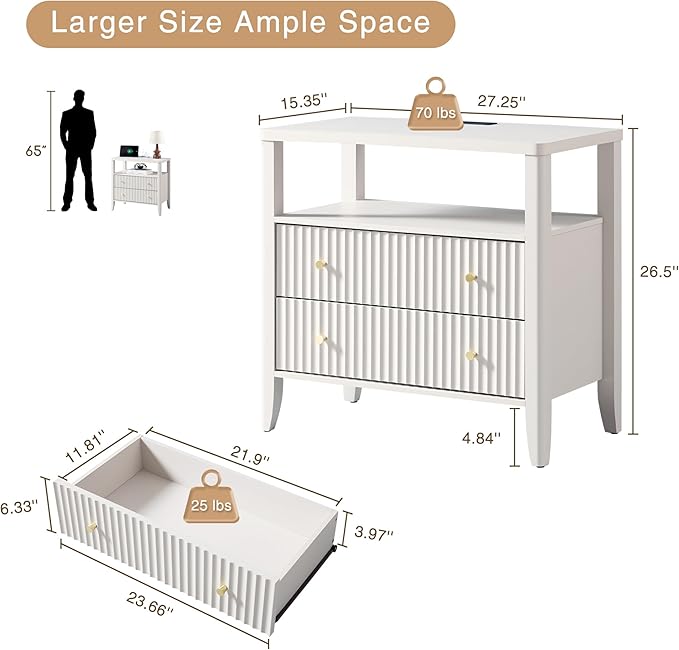 Fluted Nightstand with Charging Station Set of 2, 27.3" Wide Modern Bedside Table with 2 Drawers & Open Shelf, Large Wood End Table with Storage & Metal Handle for Bedroom, Cream White