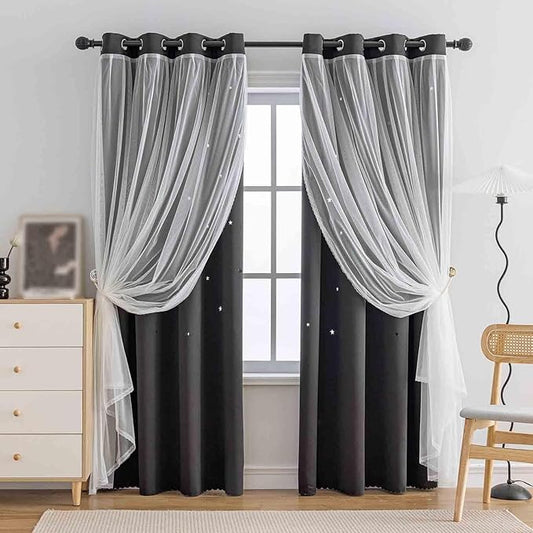 Anytime Romantic Kids Curtain,Hollow-Out Stars Window Curtain Double Layer Blackout Curtains for Girls Bedroom Kids Room 2Panel,(W52 x L84,Black)