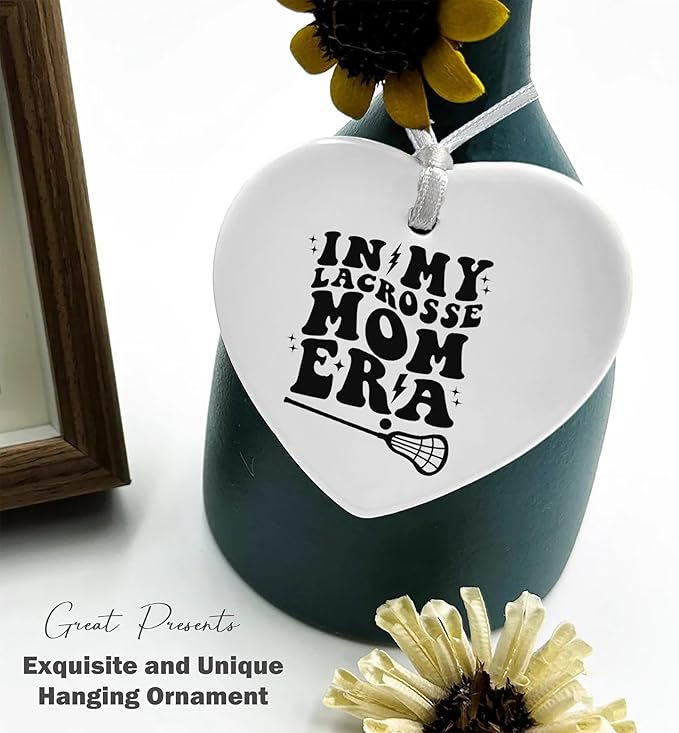 Heart Shaped Christmas Ornament-Lacrosse Mom Gift-Game Day Present for Mother Mama-Coach Appreciation Keepsake-Birthday or Mother's Day Ceramic Ornament-Home Decor in My Lacrosse Mom Era