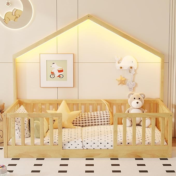 Twin Size House Bed for Kids, Low Profile Montessori Bed Twin with High Railings, Wood House Shape Montessori Beds with Light & Roof for Kids, Natural