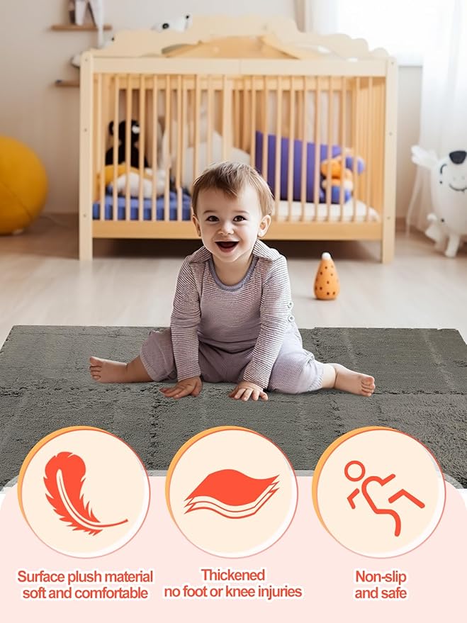 12 pcs Thickened Plush Foam Interlocking Floor Mat, Interlocking Foam Tiles with Edgings for Kids, Soft Anti-Slip Puzzle Area Square Rug Playmat for Children Room Bedroom(11.8", Gray)