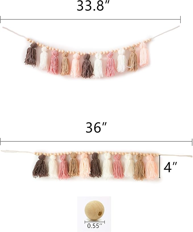 Decocove Tassel Garland - Boho Tassel Garland with Wood Beads - Wall Decor for Dorm, Girls Room and Nursery Room (36 inch) - Blush and Terra Cotta