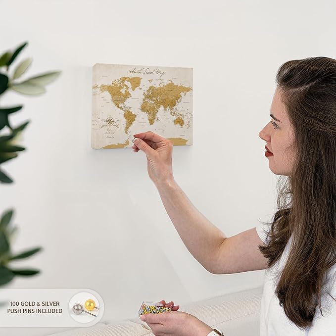 ElephantStock - Personalized Travel Push Pin World Map Wall Art - Horizontal Canvas Wall Art - Living Room Wall Decor - Digital Art Map Canvas Art - Orange And Beige Decor - 12" x 8"
