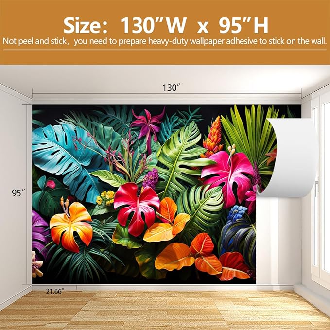 Tropical Botanical Leaf Wallpaper Colorful Jungle Palm Leaves Wall Mural for Living Room Bedroom（Not Peel and Stick）