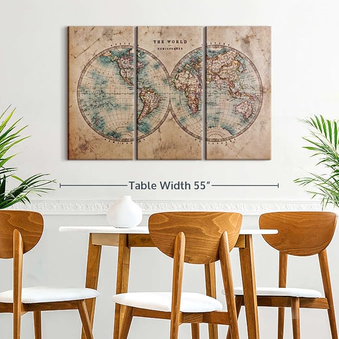ElephantStock Hemisphere Map Wall Art Multi Piece Canvas - 3 Piece Canvas World Map Wall Decor - Wall Decor - Vintage Wall Art - 50" X 32"
