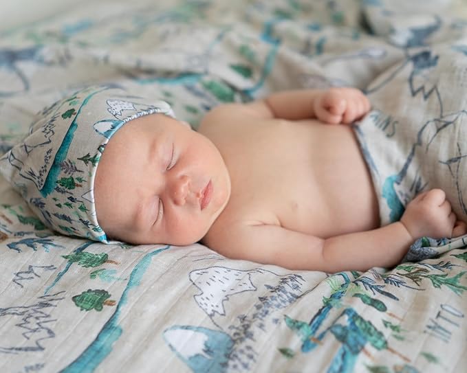 Miaoberry Mountain Baby Organic Muslin Swaddle Blankets for Baby Boy with Hat and Wooden Hello World Newborn Sign, Adventure Forest Theme, Newborn Photography Outfits Boy, Birth Announcement Sign