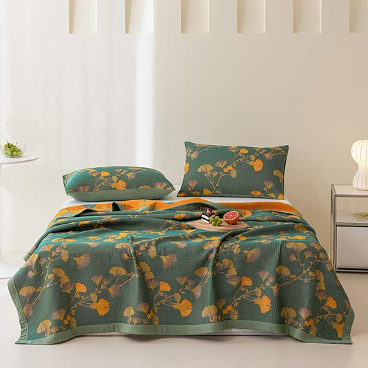 100% Cotton Jacquard Quilt Floral Ginkgo Leaves Print,Soft Muslin Bed Cover 3 Layers Reversible Bedspread Coverlet Breathable Lightweight Bedding,Twin(59"x94"), No Pillow Sham