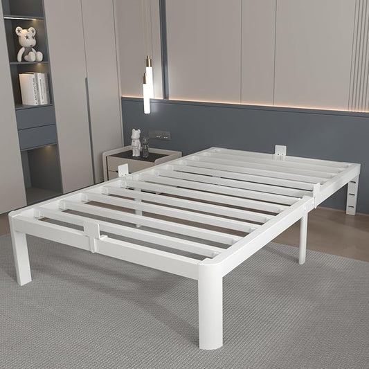 White 12 Inch Twin Bed Frames with Gaskets, Metal Twin Size Bed Frame No Box Spring Need, Heavy Duty Steel Platform Support, Round Corner Desgin, Reserved Holes, Storage Space, Noiseless