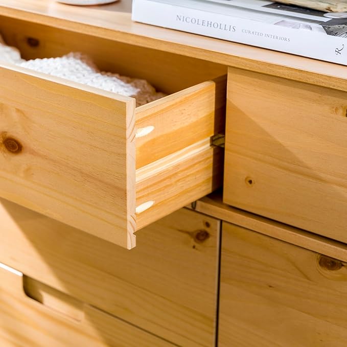 Walker Edison Sloane 6-Drawer Groove Handle Solid Wood Dresser, 52 Inch, Natural Pine