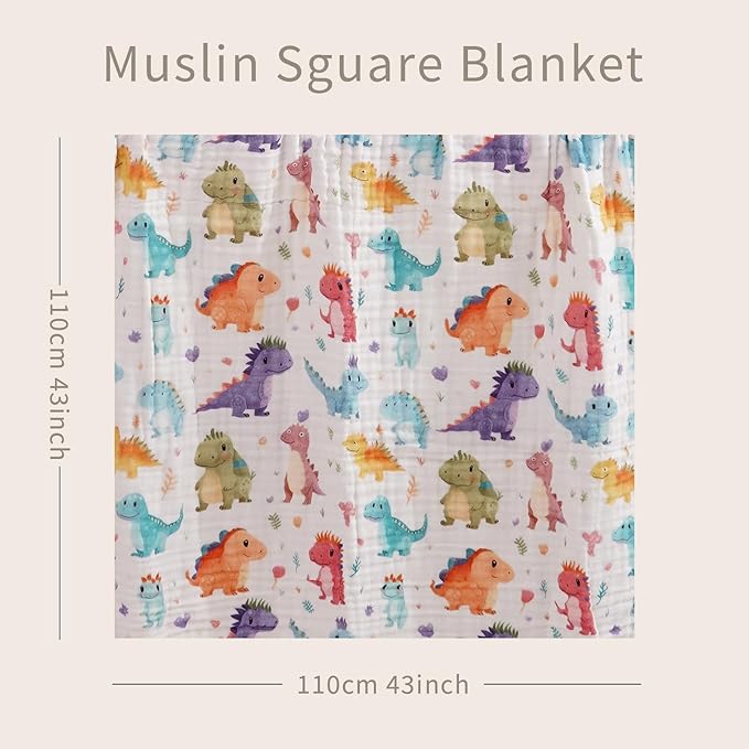 Muslin Swaddle Blankets 6-Layer Cotton Baby Blankets for Boys & Girls 43"X43"Inches Receiving Blankets,Soft Skin-Friendly Baby Crib Blanket,Breathable Quilt Bedspread(Jurassic Dinosaurs)