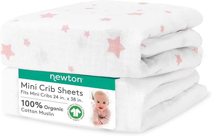 Newton Baby Fitted Mini Crib Sheets (2-Pack) | Organic Muslin Cotton, Breathable & Soft Baby Sheets, Washable Baby Mattress Sheets, Fits Mini Crib Mattresses 24" x 38", Stardust Coral & Plain White