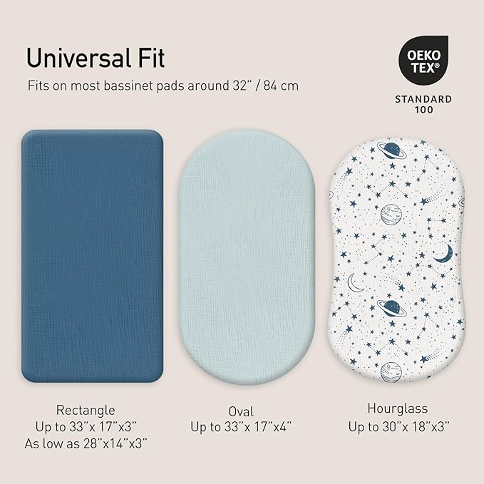 Gllquen Baby Muslin Bassinet Sheets 3 Pack, Breathable Elastic Cozy Fitted Cotton Bassinet Mattress Sheet for Baby Boy Girls, Fit for Hourglass Oval Rectangular Cradle Pad Sheets 33"x17" (Blue)