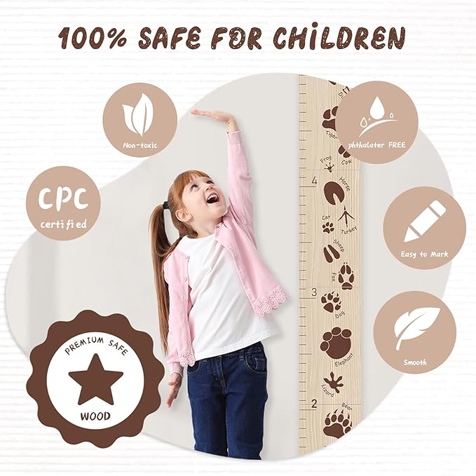 Personalized Growth Chart for Wall, Animal Footprints Height Chart for Kids, Customize Growth Measuring Board for Girls Boys Teen Room Nursery Wall Decor