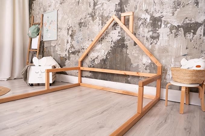 BUSY WOOD Floor Bed House Frame - Toddler Bed Montessori - Toddler House Bed Frame - Montessori Style Bed - House Bed Frame Toddler Kids - Montessori Floor Bed Twin (Model 3, Natural Tree, Floor Bed)