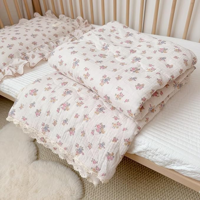 BuLuTu Retro Design Tuberose Flower Quilt Blanket for Toddler Girls Chic Floral Crib Comforter Soft Gauze Toddler Bedding Lightweight Comforter for All Seasons, Machine Washable, 60x78 Inches