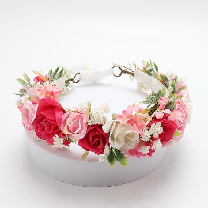 Flower Crown for Girls Children Floral Headpiece Pink Kids Headband Wedding Holo Hair Accessories Birthday Photo Prop (Fuchsia)