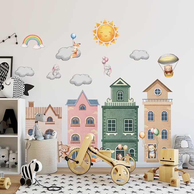 Cartoon City Wall Decals, Whimsical Hot Air Balloons, Houses, Animals, Rainbow, Sun, Clouds Design, Removable Vinyl Stickers for Kids Room, Nursery, Bedroom, Playroom Decor (Colorful-01)