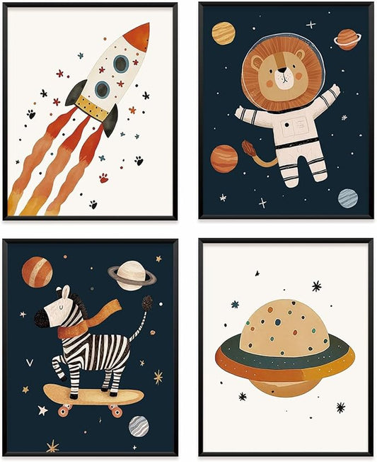 VONTP Space Animal Nursery Kids Wall Art Decor, Space Rocket Planet Lion Zebra Nursery Prints Poster Wall Decorations for Kids Girls Boys Toddler Room Bedroom Playroom, 8x10 Inch Set of 4 (Unframed)