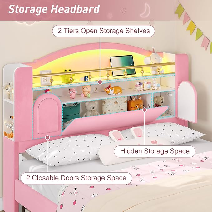 Queen Bed Frame with Storage Headboard, Platform Bed Frame Queen Size with Charging Station&LED Lights,Velvet Princess Bed for Girls/Kids, No Box Spring Needed/Noise-Free/Easy Assembly,Pink