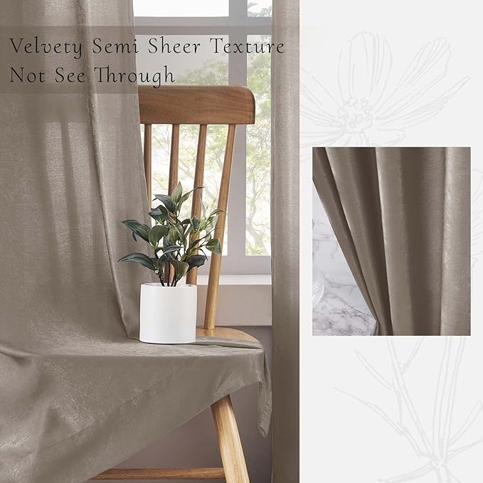 Melodieux Taupe Velvety Semi Sheer Curtains 96 Inch Length for Bedroom, Living Room Natural Cotton Texture Rod Pocket Window Sheer Drapes, 52 by 96 Inch (2 Panels)
