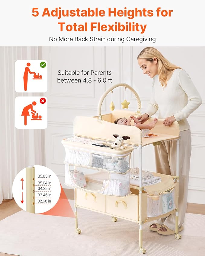 VEVOR Baby Changing Table, Adjustable Height Diaper Change Station with 2 Fabric Drawers, Side Basket and Hanging Rod, Foldable Changing Table with Lockable Wheels and 2 Star Toys, Light Beige