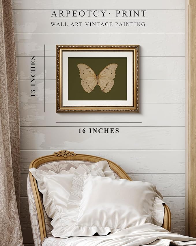 ARPEOTCY Vintage Gold Framed Wall Art, 13x16 inch Classical White Butterfly Paintings, Dark Moody Green Canvas Prints Artwork with Antique Picture Frame, Victorian Wall Decor for Gallery Living Room