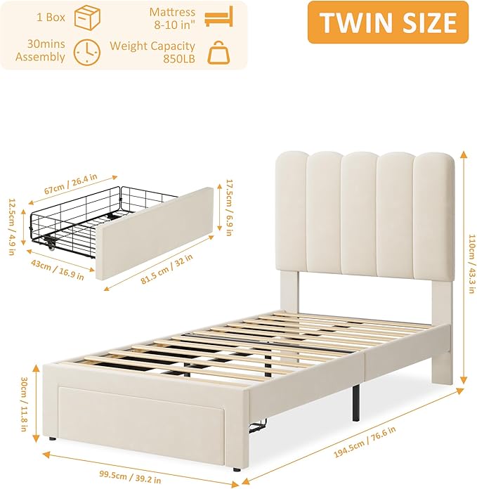 IDEALHOUSE Twin Bed Frame with Storage Drawer and Headboard, Velvet Upholstered Twin Platform Bed Frame for Girls, Strong Wooden Slats Support, Noise-Free, Easy Assembly (Beige)
