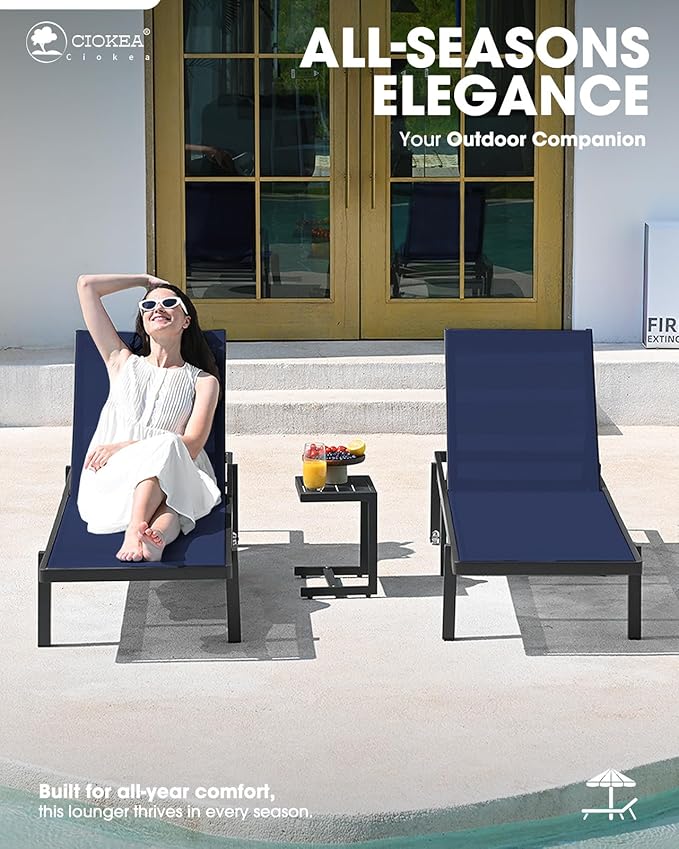 Pool Chaise Lounge Chair Set of 4, Outdoor Lounge Chairs with Wheels, 5-Position Adjustable Sun Loungers for Outside, Deck, Beach, Navy Blue