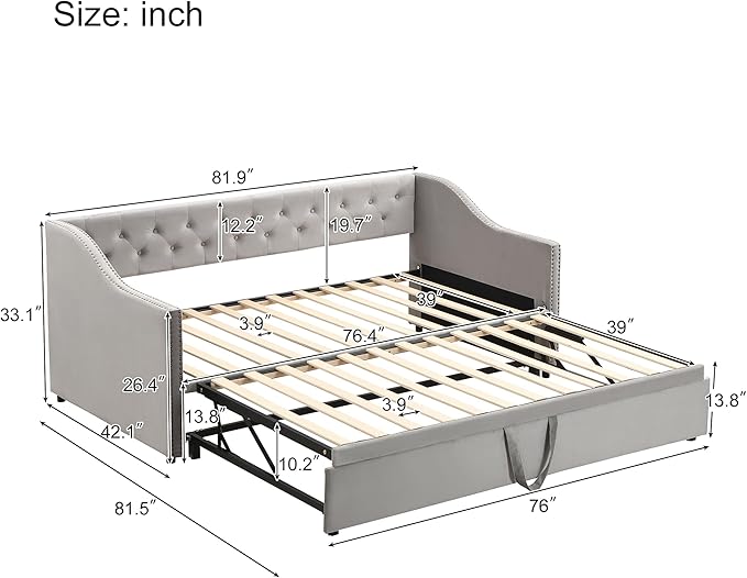 Merax Twin Size Upholstered Velvet Daybed with Pop Up Trundle, Multi-Functional Sofa Bed with Backrest and Two Armrest for Kids Room, Guest Room, Living Room,Gray